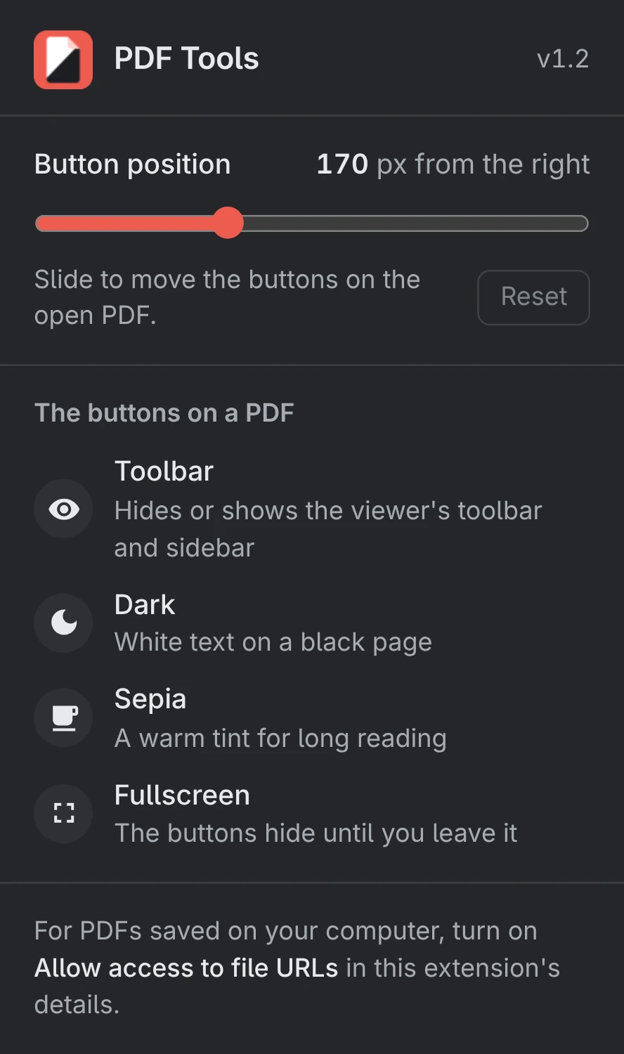 The extension's panel: a Button position slider set to 170 pixels from the right with a Reset button, a list of the four buttons and what they do, and a note about allowing access to file URLs.