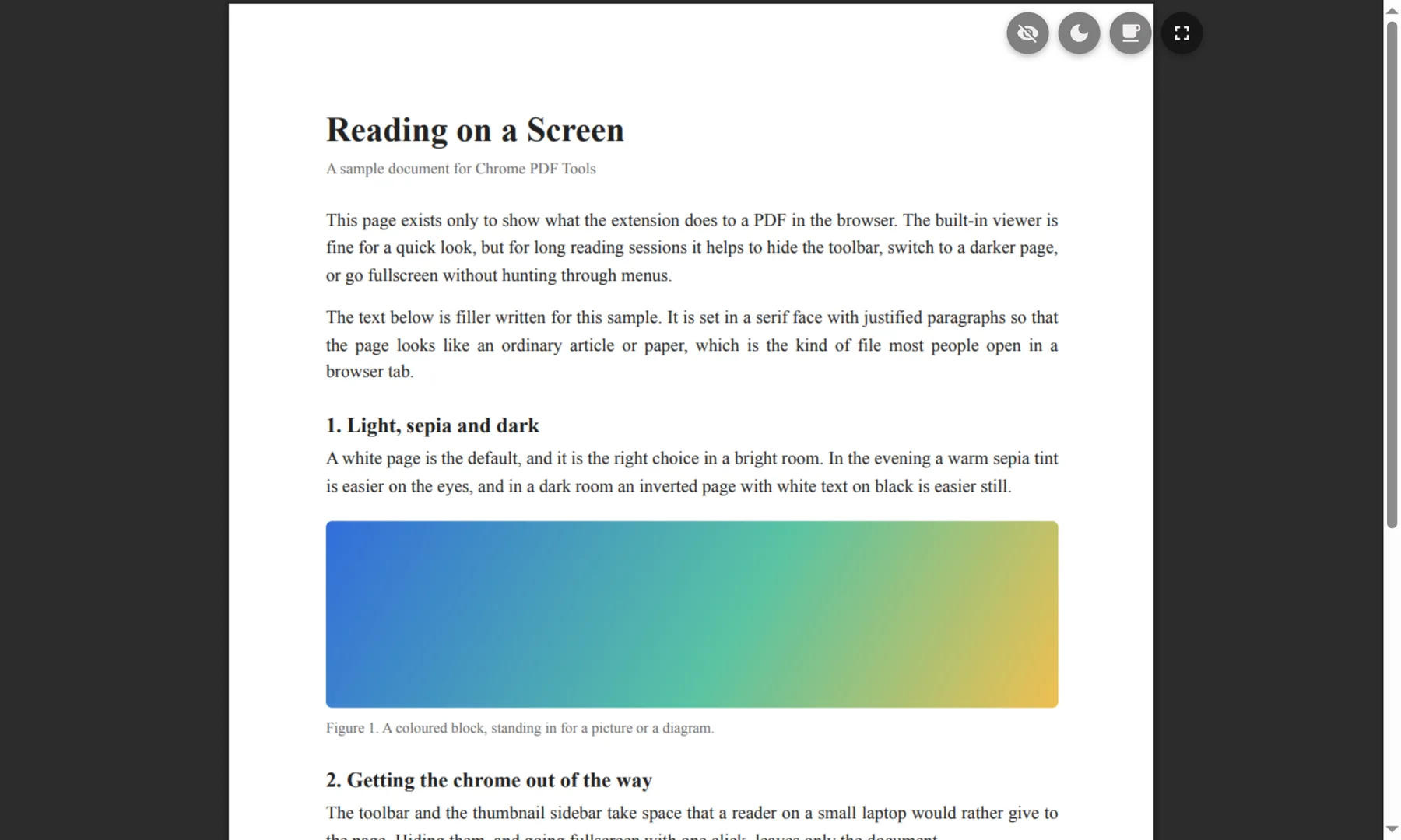 The same document with the viewer's toolbar and sidebar hidden. The four buttons float over the top right corner of the page.