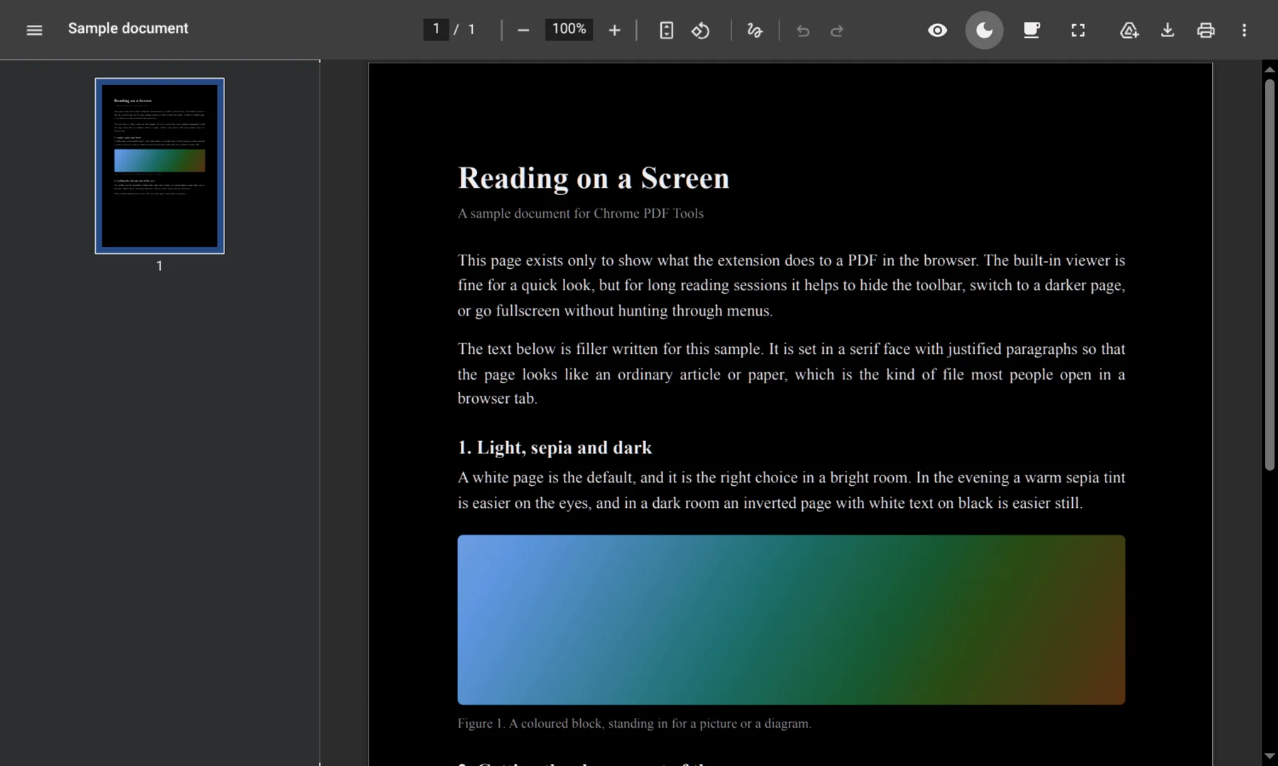 The same document in dark mode: a black page with white text. The moon button is highlighted, and the toolbar, sidebar and background around the page are unchanged.