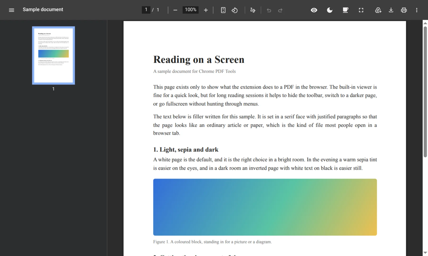 Chrome's PDF viewer showing a sample document. Four extra round buttons sit in the toolbar at the top right: an eye, a moon, a coffee cup and fullscreen corners.