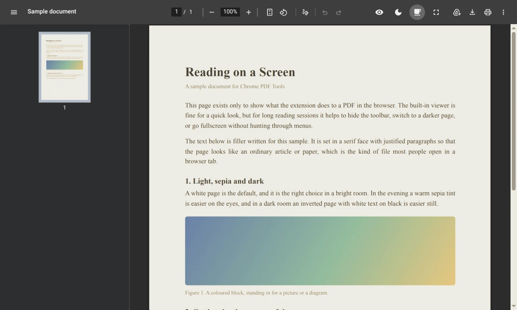 The same document in sepia mode: a warm, cream-coloured page, with the viewer around it unchanged. The coffee cup button is highlighted.