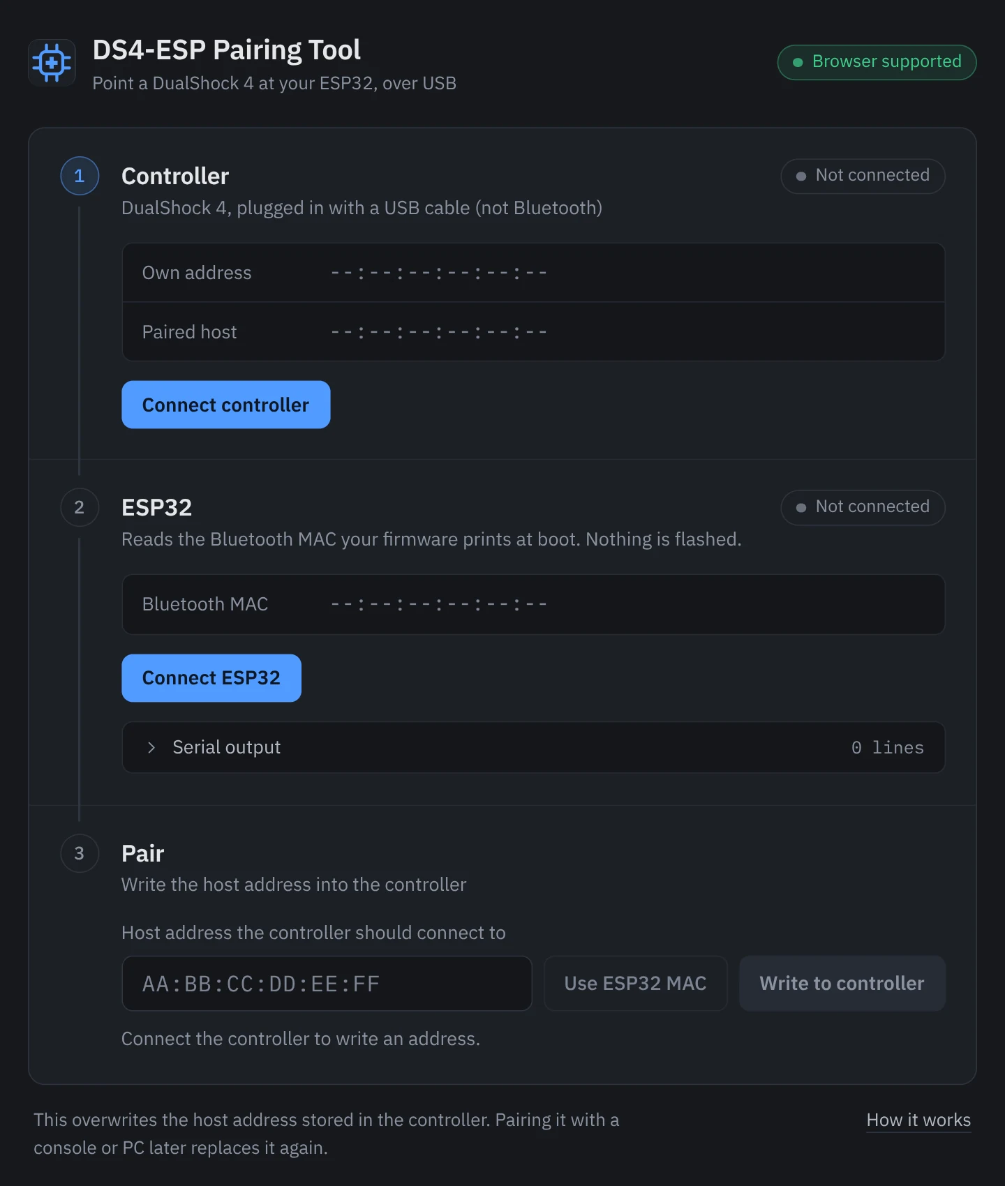 The pairing tool: three numbered steps. Controller, with its own address and paired host and a Connect controller button. ESP32, with its Bluetooth MAC, a Connect ESP32 button and the serial output. Pair, with a field for the host address and a Write to controller button.