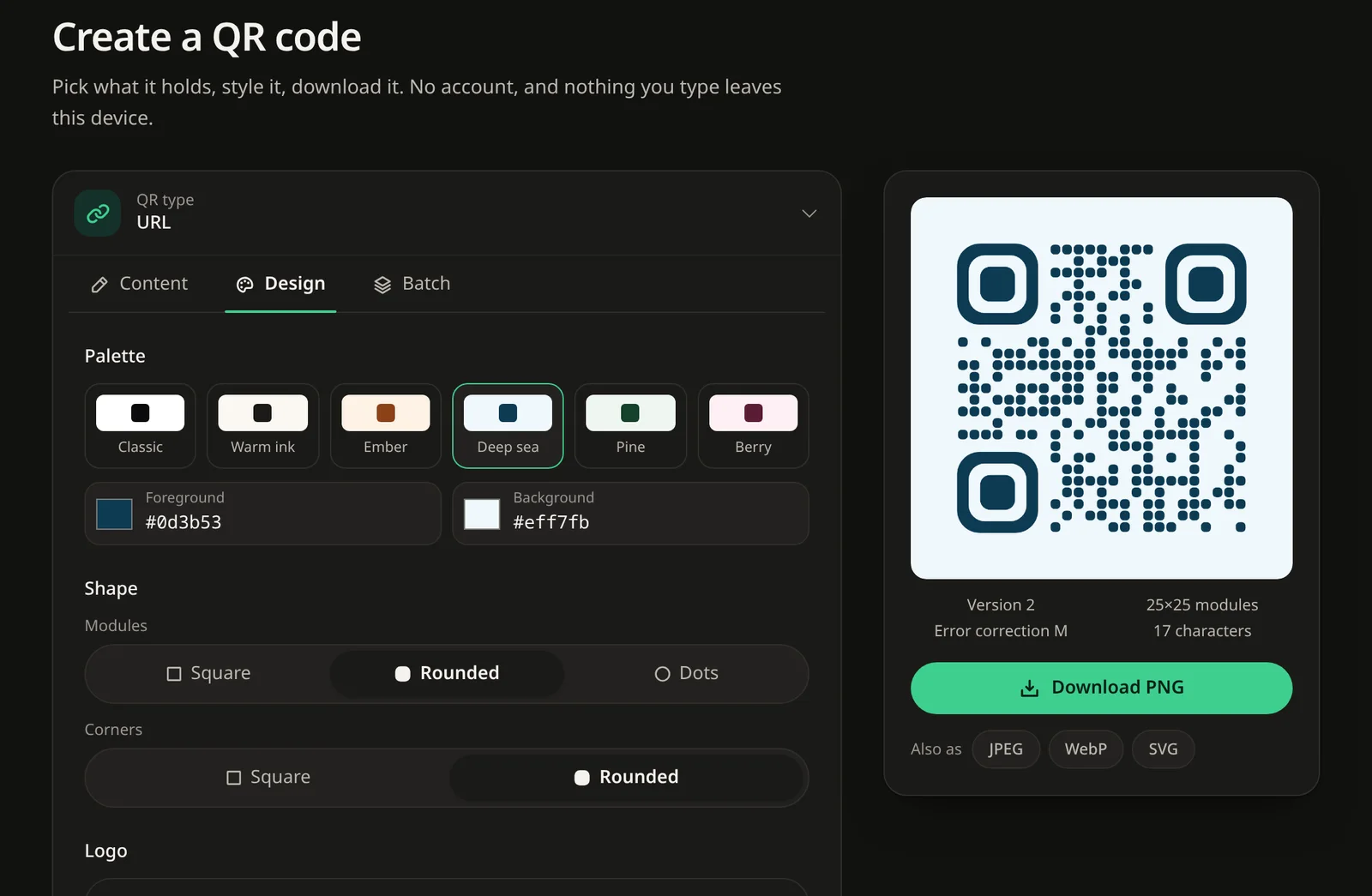 EtchQR's Create screen in dark mode: the Design tab with palette and shape options beside a styled QR code and its download buttons.