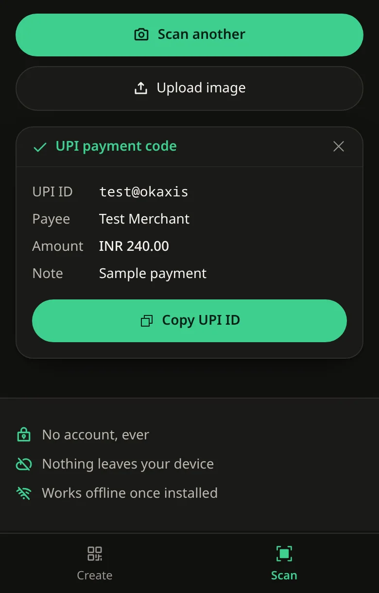 EtchQR's scanner showing a decoded UPI payment code: the UPI ID, payee, amount and note, with a Copy UPI ID button.