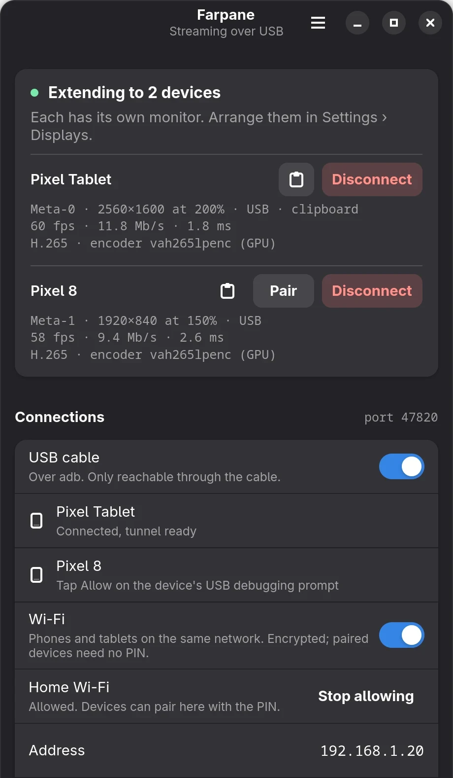 The Farpane window on the computer. At the top a card reads Extending to 2 devices, each has its own monitor, with a tablet at 2560 by 1600 at 200% and a phone at 1920 by 840 at 150%, both over USB, each with its own Disconnect button. Below are switches for the USB cable and Wi-Fi, the allowed network, the computer's address and a six-digit PIN.