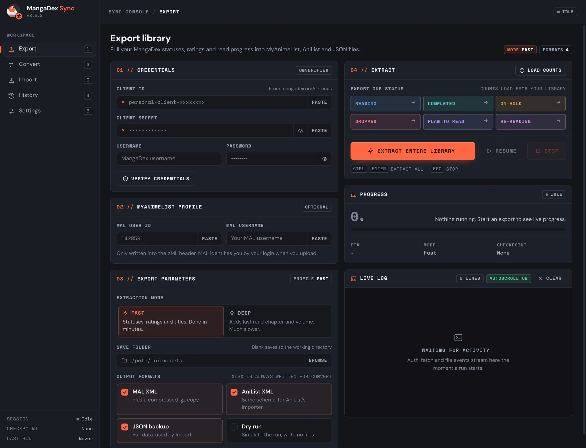 MangaDex Sync's Export screen: panels for MangaDex credentials, MyAnimeList profile and export parameters on the left, and on the right buttons to export one status or the entire library, a progress panel and a live log.