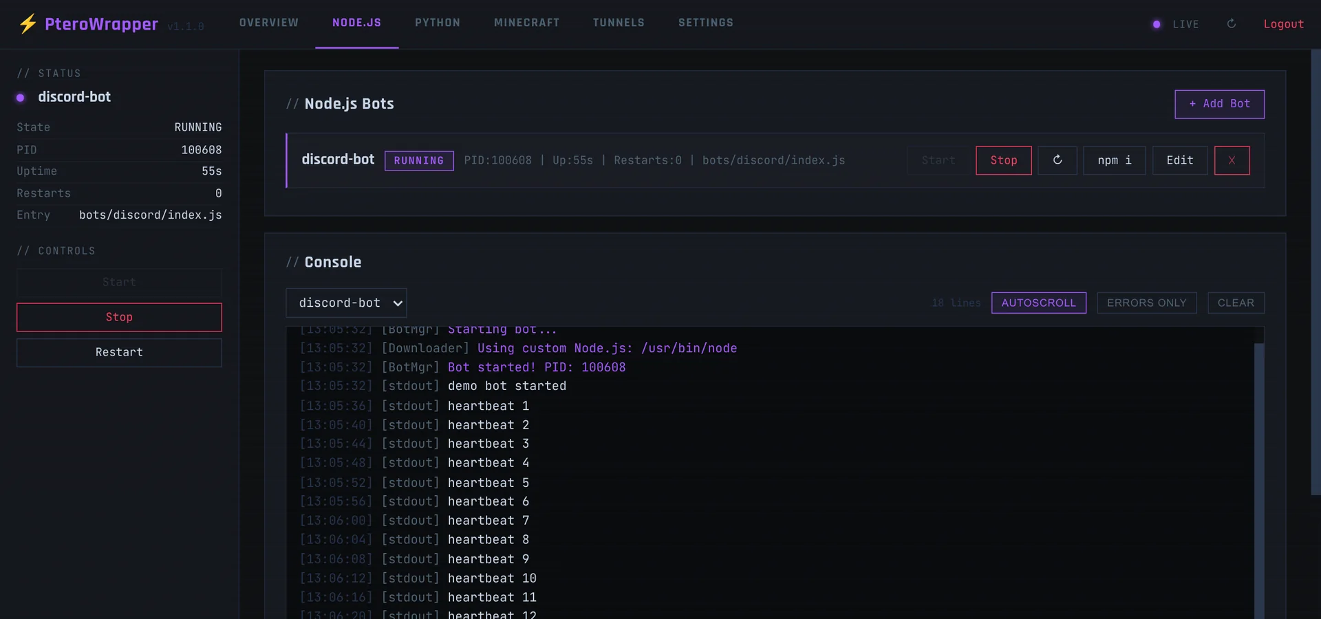 The dashboard's Node.js tab: a running bot with Start, Stop, Restart, npm install and Edit controls, above a live console showing its output.