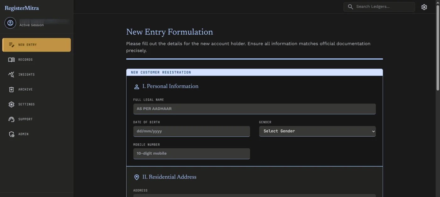 RegisterMitra's New Entry Formulation screen in dark mode: a ledger-style form with Personal Information and Residential Address sections for registering an account holder.