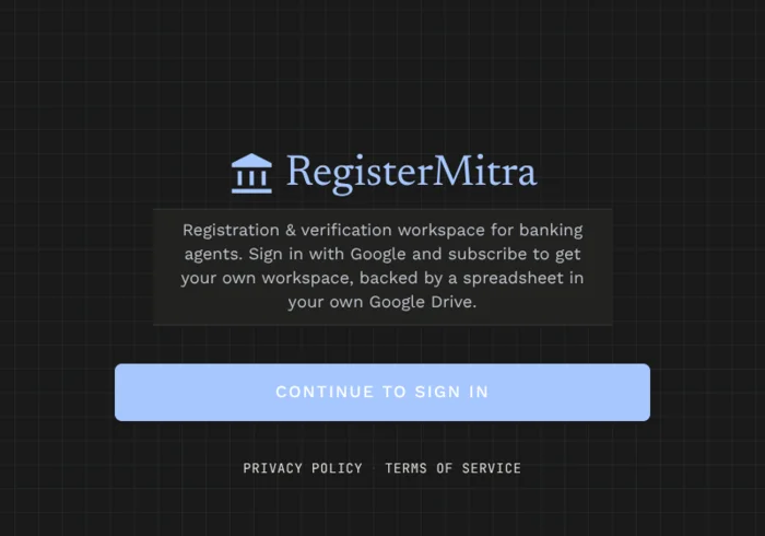 RegisterMitra's sign-in screen on a dark grid background, with a Continue to sign in button and links to its privacy policy and terms of service.