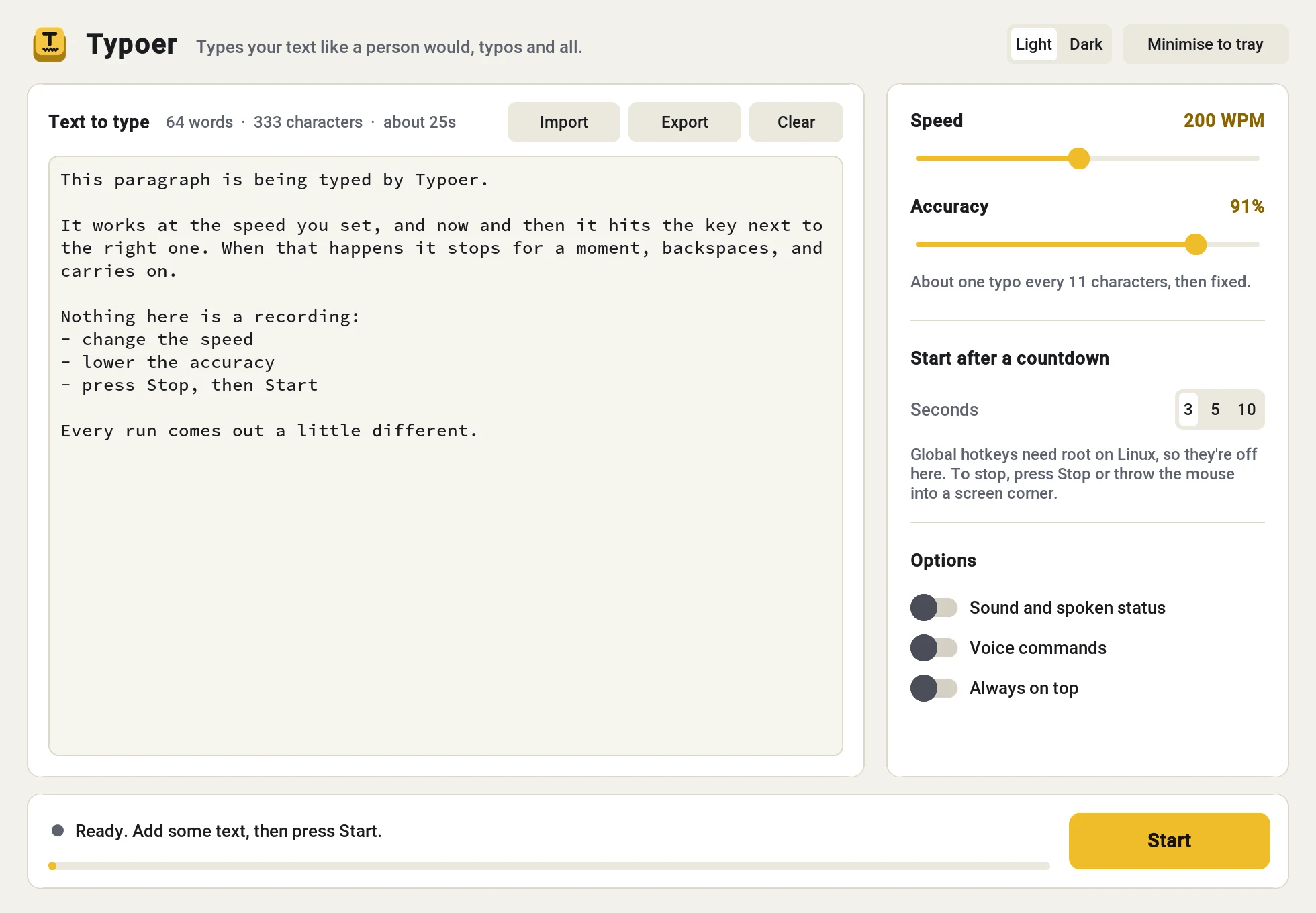 The Typoer window in its light theme, ready to start: the same sample text in the editor with 64 words, 333 characters and an estimate of about 25 seconds, and a yellow Start button.