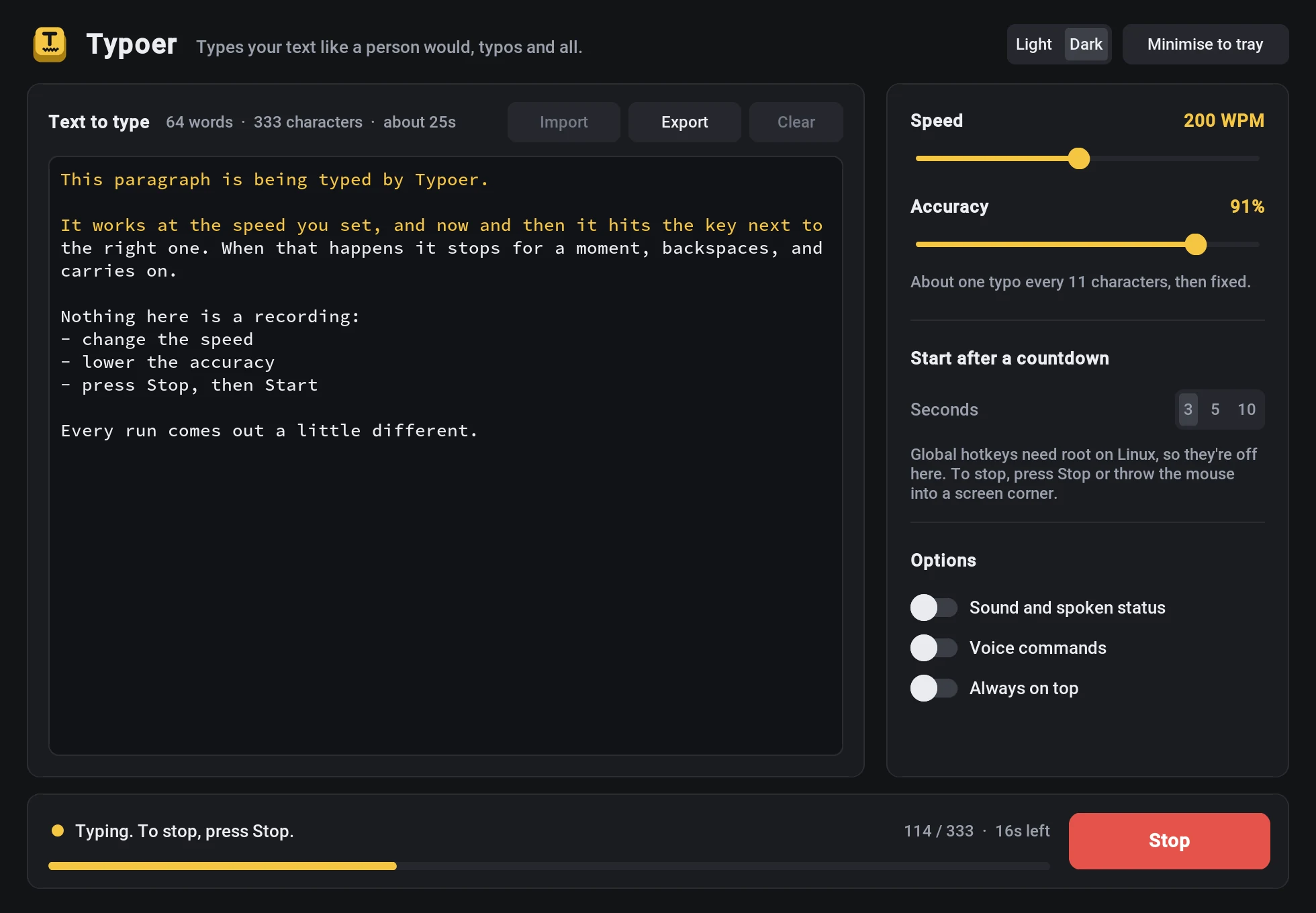 The Typoer window during a run. On the left an editor holds a short sample text, with the part already typed shown in yellow. On the right are sliders for speed (200 WPM) and accuracy (91%), a countdown setting and options. A bar at the bottom shows 114 of 333 characters typed, 16 seconds left, and a red Stop button.